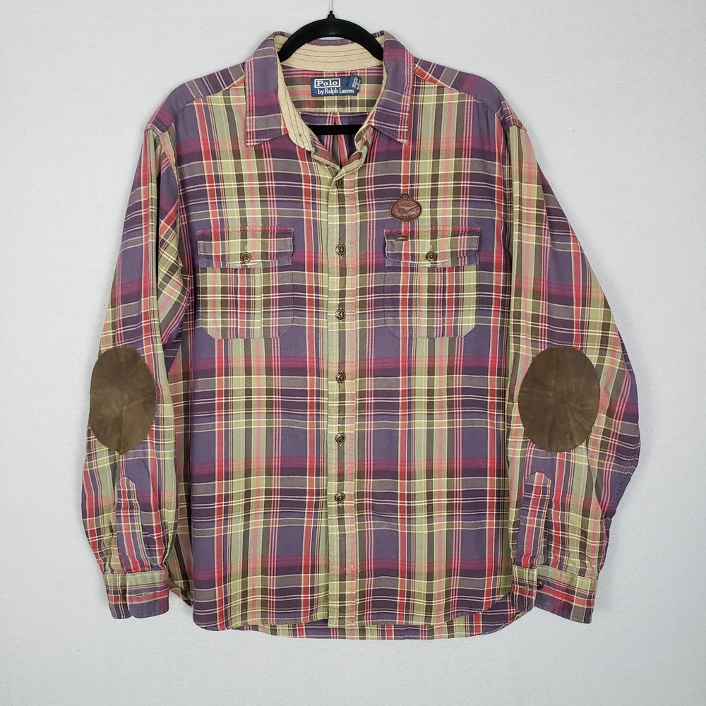 Vintage Polo Ralph Lauren Long Sleeve Button Up Fall Plaid Elbow Patch Cabincore
